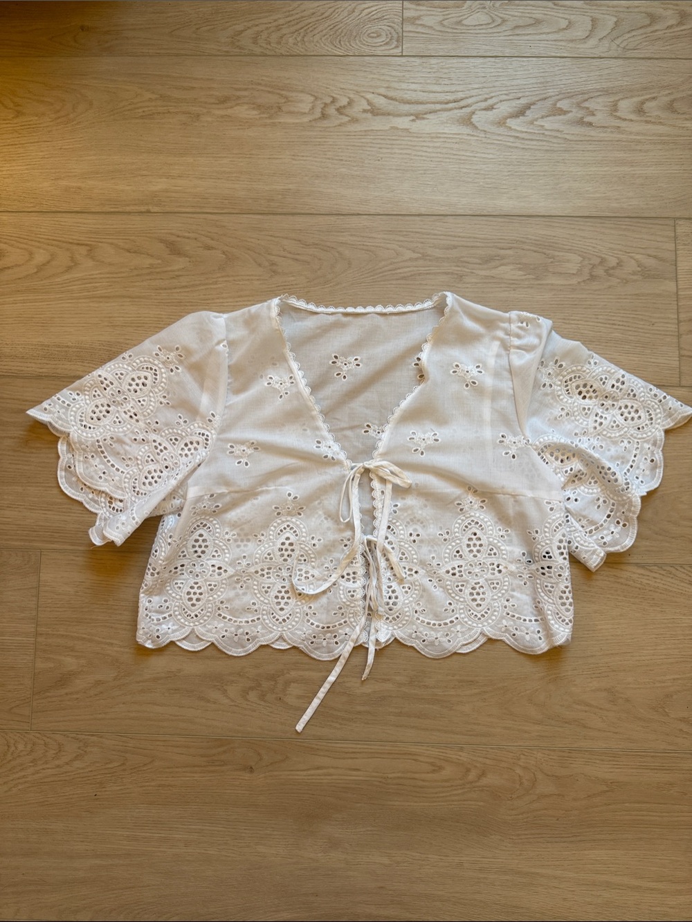 White Eyelet Tie-Front Crop Blouse